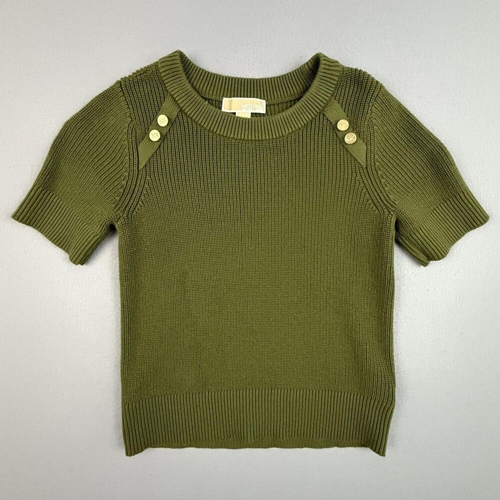 Michael Michael Kors Sweater Womens Small Green Short Sleeve Rib Knit MK Buttons
